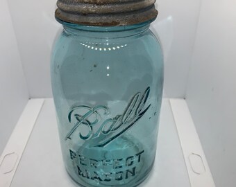Antique Blue Tint Glass Mason Jar - BALL Perfect Mason