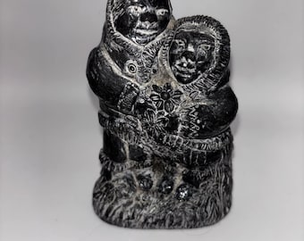 A Wolf Original Soap Stone Sculpture Inuit Man With 2 Wolves 5