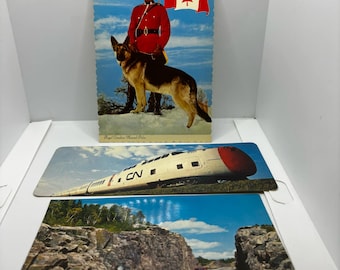 Postales canadienses antiguas: RCMP, tren CN, Kama Cut Ontario
