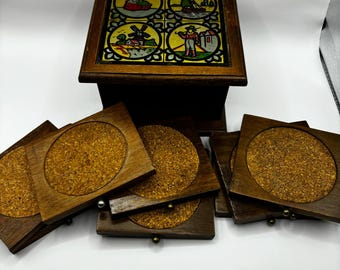 Zestaw 8 drewnianych podstawek pod kubki - styl holenderski z lat 70.