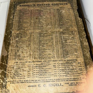 May include: A vintage, brown, paper-covered book with the title "Excell's Octavo Cabinets" printed on the front cover. The book lists a variety of anthems and hymns, with a price list and address for ordering.
