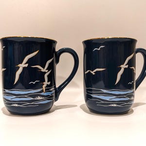 Pair of Vintage Otagiri “The Sea” Coffee Tea Mugs Cups – Hand-Painted Seaside & Birds  Made in Japan - Ocean Beach Themed Marked