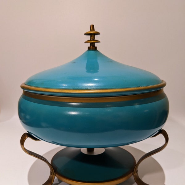 Gorgeous Vintage 50s 60s Anchor Hocking Mid Century Chafing Dish - Atomic Space Age MCM Turquoise Metal Casserole Warmer / Holder - RARE