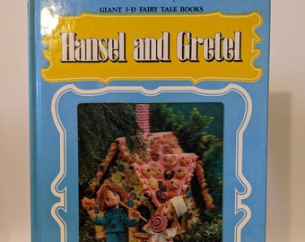 Livre de contes de fées 3D vintage des années 80, couverture rigide du Japon, Hansel & Gretel - marionnettes lenticulaires hologrammes 1984 Derrydale Crown Publishers RARE