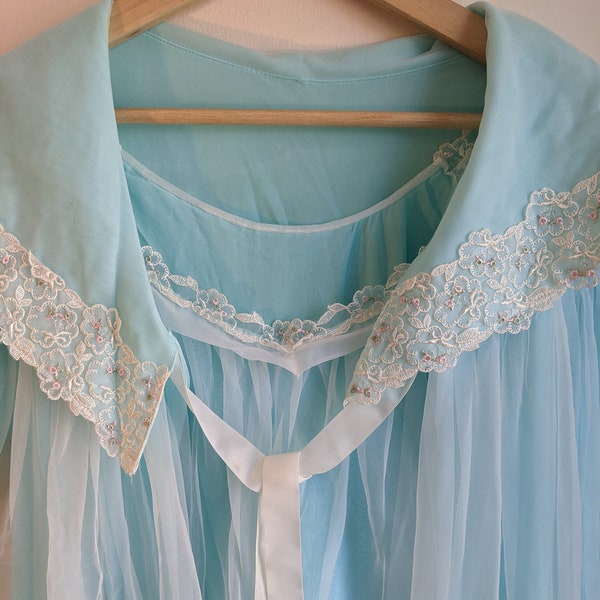 Vintage 60s Louis Jean Baby Blue Chiffon Peignoir Negligee Nightgown & Robe / Duster Set - Mid Century Medium - Elegant Honeymoon Lingerie