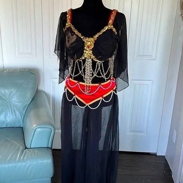 Vintage Belly Dance Costume Outfit Exotic Stage Dancer Performance Genie Black Red Gold Sequin - Sewing Project / Needs TLC Please Read