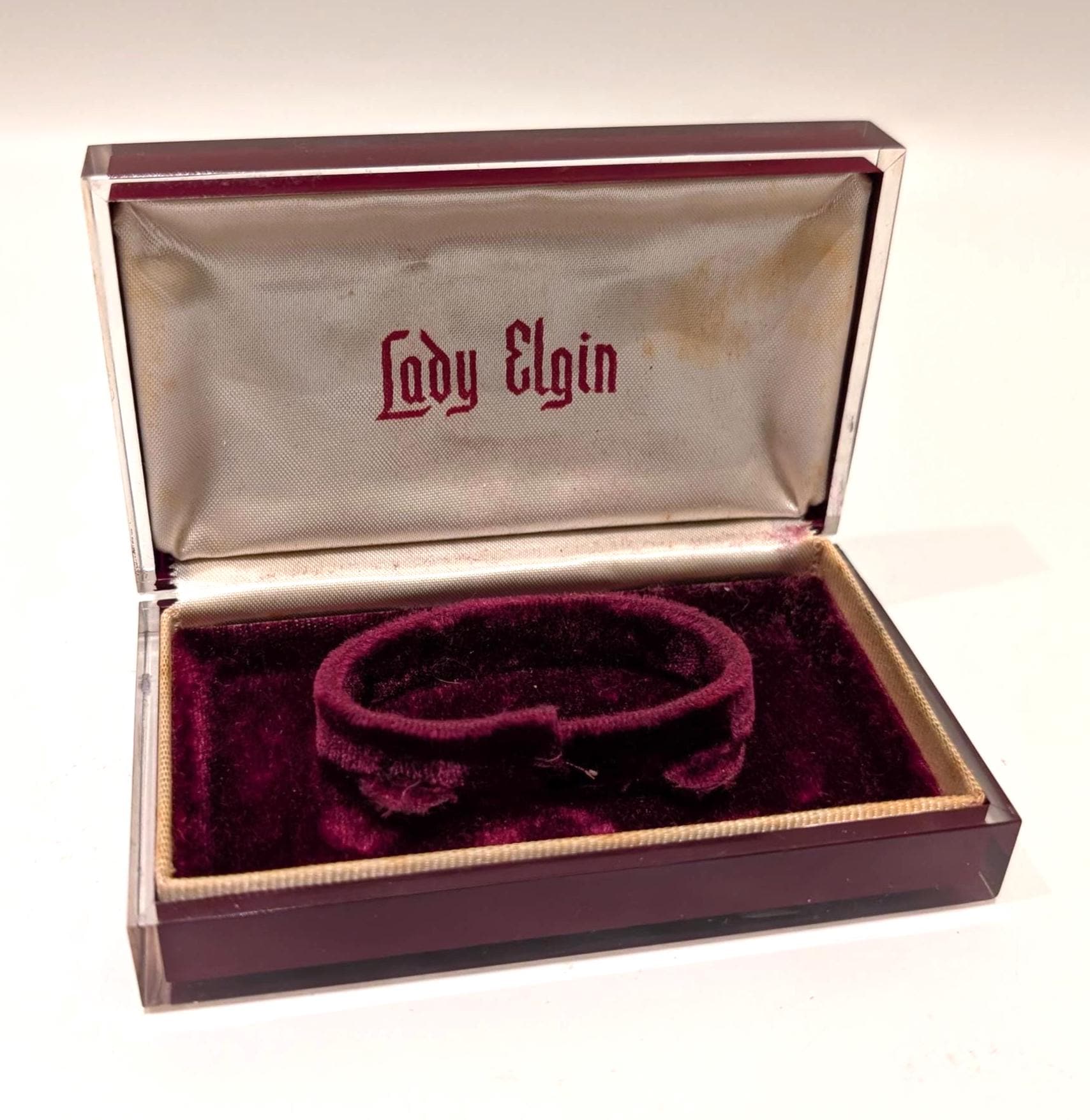 Vintage Lady Elgin Watch Box – Maroon Plastic With Velvet  display picture 3
