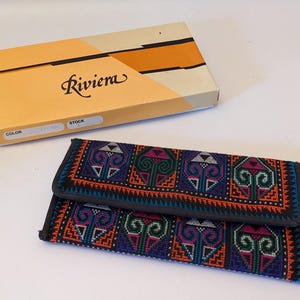 Vintage des années 70 des années 80 Riviera ethnique tribal tissé tissu portefeuille porte-monnaie - neuf dans la boîte - intérieur à glissière Boho hippie primitif art folklorique