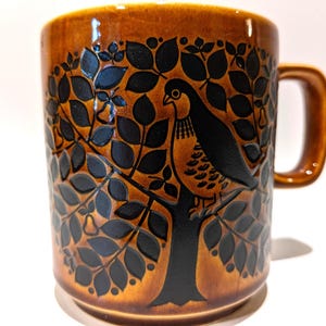 Vintage Hornsea England Coffee Tea Mug – “Partridge in a Pear Tree” – Tan Brown – 3.5&quot; Tall – Mid-Century Ceramic Bird Motif Retro MCM