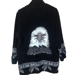 Vintage Schwarz Weiße Fleece Weißkopfseeadler Jacke mit durchgehendem Reißverschluss 1990er 90er Y2K Cottagecore USA Patriotic