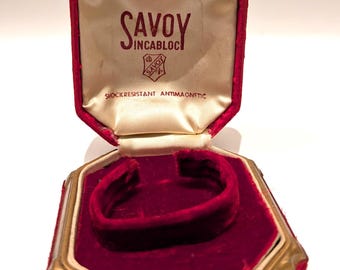 Vintage 1930s SAVOY Red Velvet Watch Box – Gold Trim, Satin Interior