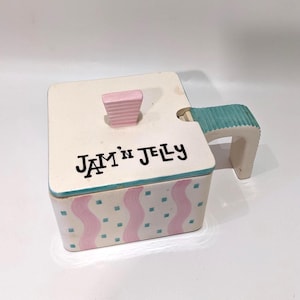 Vintage Holt Howard Jam N Jelly Blue Pink Square Handle Ceramic Condiment Jar Server - 1960 60s Kitschy Mid Century Modern AS IS Condition