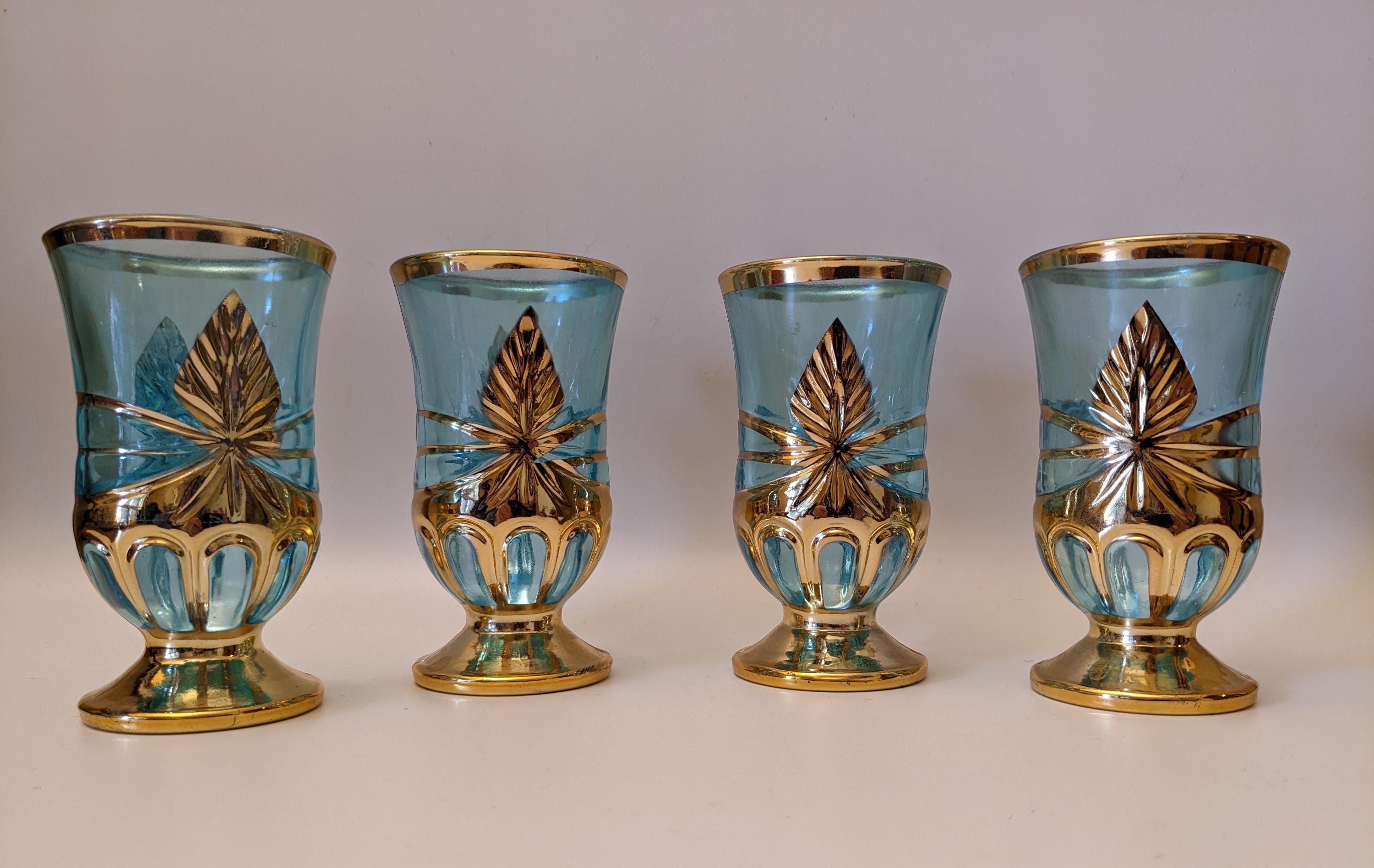 Vintage Imperial Glass Pitcher Set – Blue & Gold MCM Barware