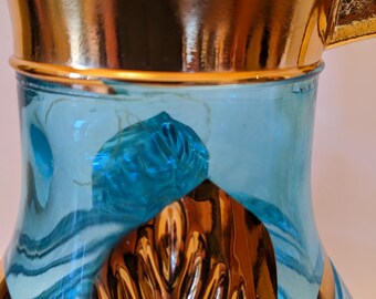 Vintage Imperial Glass Pitcher Set – Blue & Gold MCM Barware