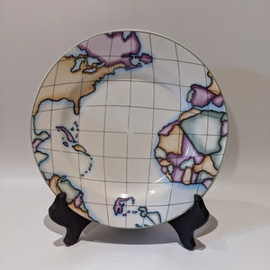 Vintage 1992 Vitromaster Atlas zijplaten set van 4 keramische steengoed wereldbol aarde kaart ontwerp Y2K jaren '90 stopgezette zeldzame HTF