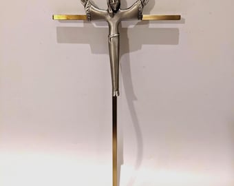 Vintage Brutalist Risen Christ Crucifix – Religieus kunstdecor