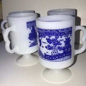 Vintage 1960s MCM Mid Century Federal Milk Glass Asian Pattern Scenery Pagoda Blue Pedestal Coffee Mugs - Heat Proof RARE, Set of 4