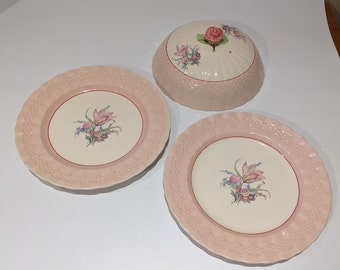 Lovely Vintage Simpsons Ambassador Pink Floral Ceramic Cake Dessert Petit Fours Dome w. Plates - 50s 60s Dining Serving Entertaining Party