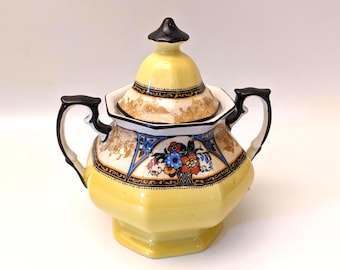 Vintage Wedgwood Nanette sockerskål – Gul & Svart Art Deco Kina