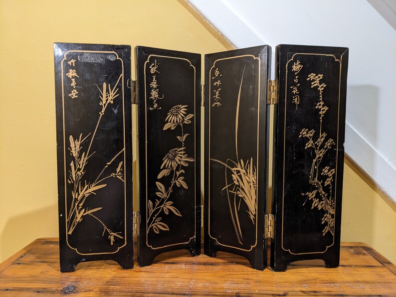 Vintage Asian Geisha Folding Tabletop Table Desk Screen Divider Black Lacquer Wood Screen Asian