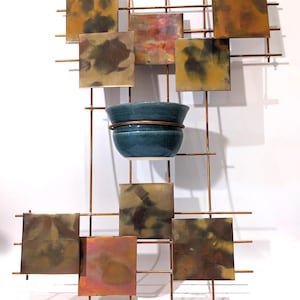 Brutalist Metal Wall Art Sculpture – Mid-Century Modern Copper Squares, Pot Planter