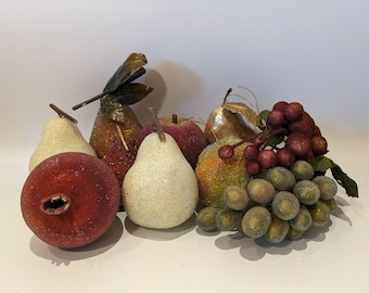 Vintage Mixed  Lot of 10 Mid Century MCM Beaded Sugared Faux Fruit Ornaments - Pears, Apple, Pomegranate, Grapes Kitchen Table Décor