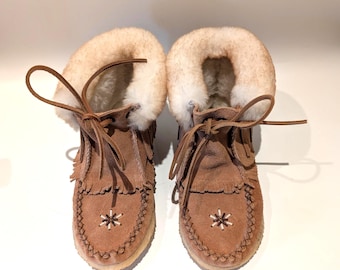 May include: A pair of tan suede ankle boots featuring a thick cream-coloured shearling lining, fringe detailing along the sides, and thin leather laces. Each boot is decorated with a small, centred star-shaped bead pattern on the toe box.