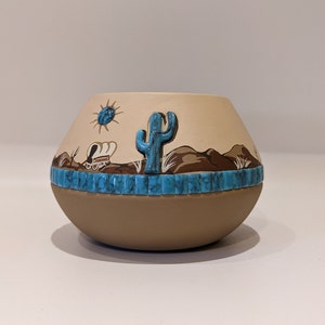 Lovely Vintage Hopi Toad Cactus Desert Scene Small Vase Bowl Planter Stone Applique Southwest Hand Painted Handmade Indigenous Arizona Boho