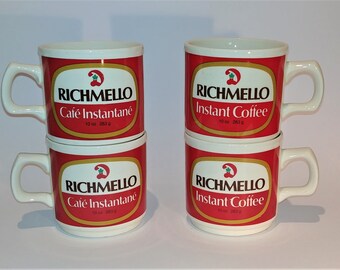 Vintage 1970s MCM Mid Century Dominion Advertising Coffee Cups Mugs - "Richmello" Brand - Made in Ireland - Set of 4 RARE 60s 70s Kitchen