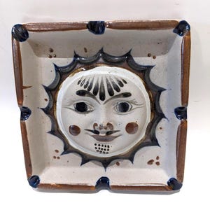 Vintage Tonala Mexico Ceramic Ashtray: Hand-Painted Sun Face Decor