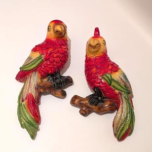 May include: Two decorative parrot figurines. The parrots are perched on brown branches. They have red, yellow, and green feathers. The beaks are yellow, and the feet are black. The parrots are wall decor.