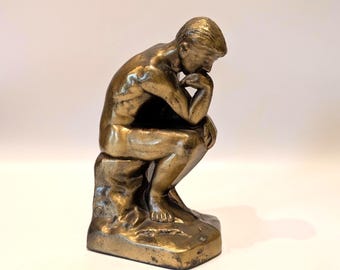 Suporte para livros vintage de 1928, "O Pensador" • Escultura em metal fundido no estilo Rodin • Acabamento em bronze