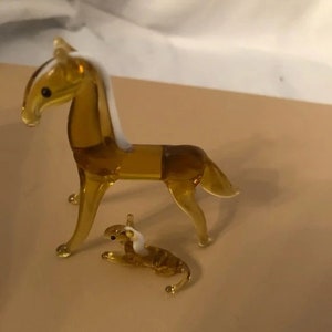 Vintage Miniature Glass Figurines Horses Mother Mare Colt Foal Baby Amber Gold White Glass Japan Mini Tiny Sweet Hand Blown Collectible