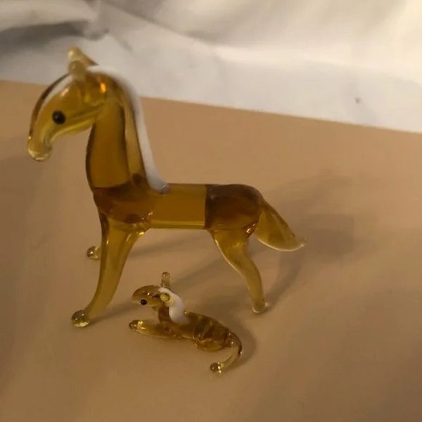 Vintage Miniature Glass Figurines Horses Mother Mare Colt Foal Baby Amber Gold White Glass Japan Mini Tiny Sweet Hand Blown Collectible