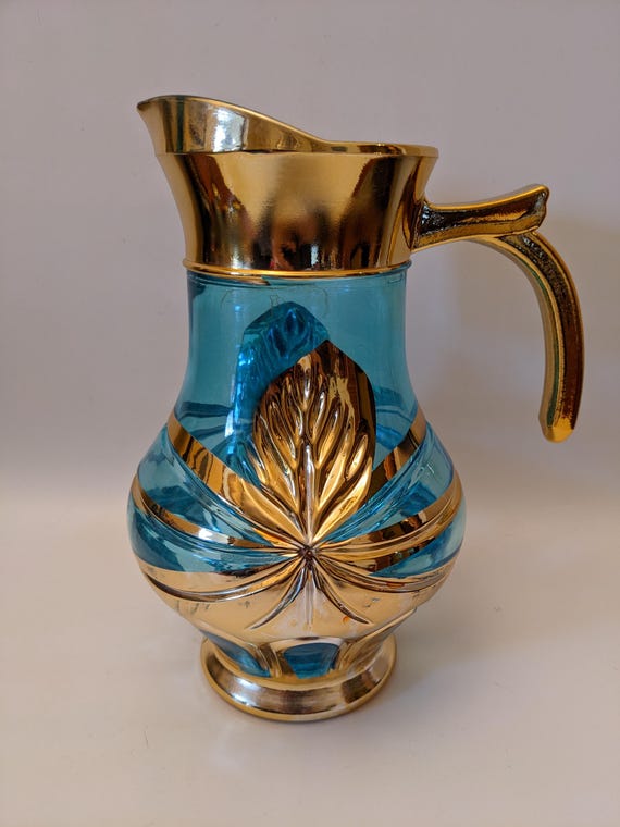Vintage Imperial Glass Pitcher Set – Blue & Gold MCM Barware