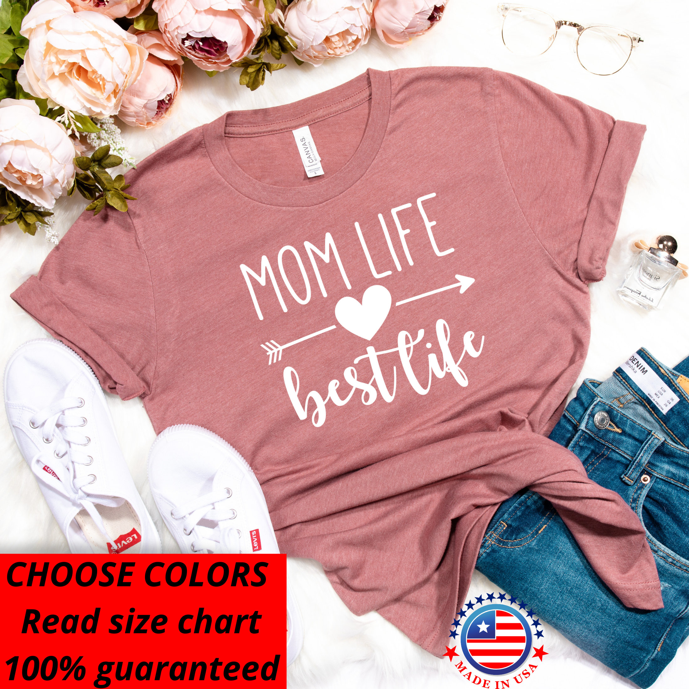 SZ M, Xl, 2xl 3xl, White Graphic, Mom Life Best Life Arrow