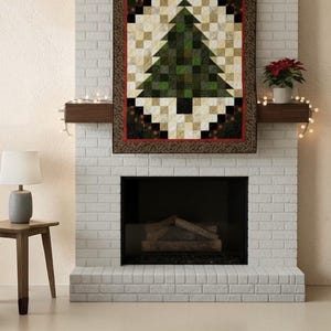 Pixelated Christmas Tree Quilt, Handmade Large Quilt 51x66, Modern Pixel Art Tree, Beige & Green Patchwork, Pinecone Border, Holiday Home