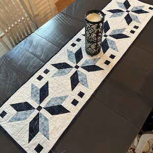 May include: A quilted table runner with a white background and a repeating pattern of blue and navy blue starburst designs. A black metal candle holder with a lit candle sits on the runner, adding a touch of warmth to the scene.
