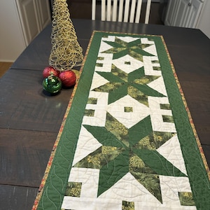 May include: A quilted table runner with a white background and green starburst pattern. The runner is bordered with a solid green fabric and a decorative edge. A gold wire Christmas tree and ornaments are on the table.