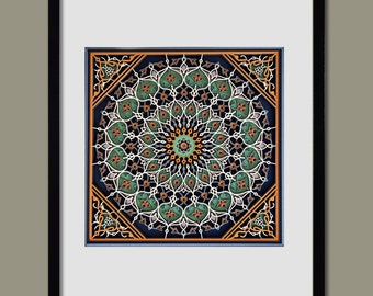 May include: A framed print of a colorful geometric mandala with intricate details in shades of green, blue, orange, and white. The mandala is surrounded by a black frame.