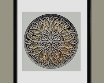 May include: A framed print of a circular, intricate, black metal design with a gold background. The design is reminiscent of a stained glass window.