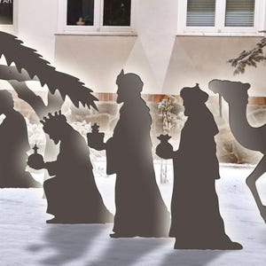 Szablony szopki bożonarodzeniowej 5 stóp z wizerunkiem Trzech Króli i wielbłąda, odrysuj i wytnij sylwetkę Bożego Narodzenia, szablony do dekoracji bożonarodzeniowych na zewnątrz, pliki PDF