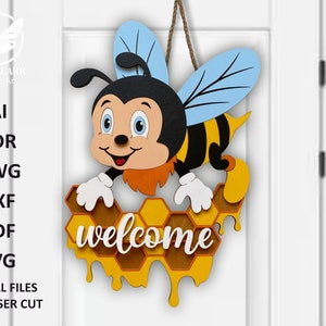 Bee Welcome Sign SVG, Door Hanger SVG, Summer Door Hanger, Spring Door Hanger, Glowforge SVG, Laser cut file