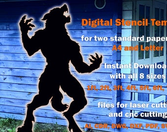 May include: A digital stencil template for laser or CNC cutting featuring a silhouette of a werewolf in a menacing pose. The template is available in 8 sizes, from 1 foot to 8 feet, and in multiple file formats, including AI, CDR, DWG, DXF, PDF, SVG, and PNG.