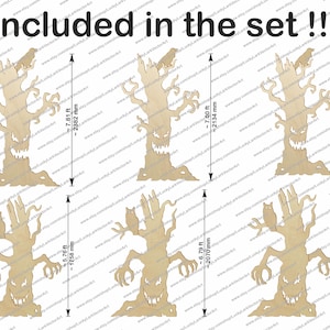 May include: A set of six light brown wooden tree cutouts with spooky faces, featuring birds or owls perched on branches. Each tree includes measurement arrows indicating heights of 7.81 ft, 7.00 ft, 6.00 ft, 5.76 ft, 6.79 ft, and 7.57 ft respectively.