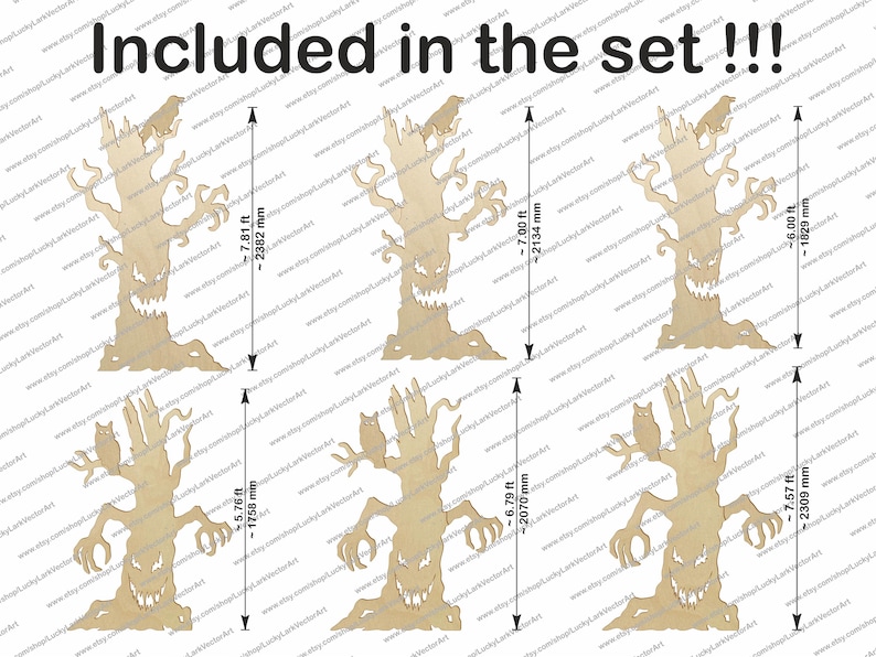 May include: A set of six light brown wooden tree cutouts with spooky faces, featuring birds or owls perched on branches. Each tree includes measurement arrows indicating heights of 7.81 ft, 7.00 ft, 6.00 ft, 5.76 ft, 6.79 ft, and 7.57 ft respectively.