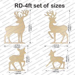 May include: A set of four wooden deer cutouts in various poses. The largest deer measures approximately 4.00 ft tall and 2.70 ft wide. The image includes measurements in feet and inches.