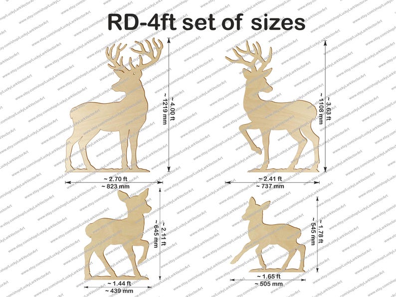 May include: A set of four wooden deer cutouts in various poses. The largest deer measures approximately 4.00 ft tall and 2.70 ft wide. The image includes measurements in feet and inches.