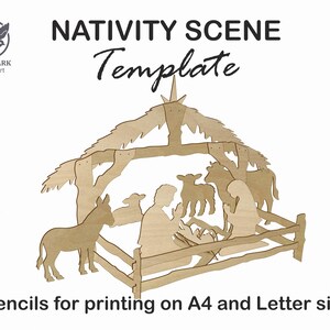 May include: A printable nativity scene template with a star on top of the stable, a donkey, a sheep, and the holy family inside. The text "Nativity Scene Template" is at the top of the image. The text "stencils for printing on A4 and Letter size" is at the bottom of the image.