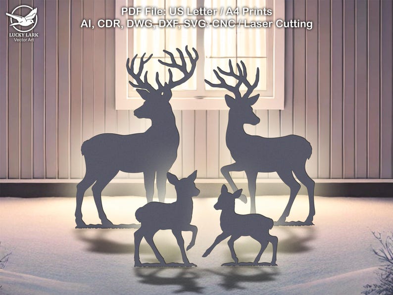 May include: Silhouette cutouts of deer in various sizes, including two adults and two fawns, are displayed against a winter scene. The image includes the text "PDF File: US Letter / A4 Prints" and file type information. The deer are a dark gray color.